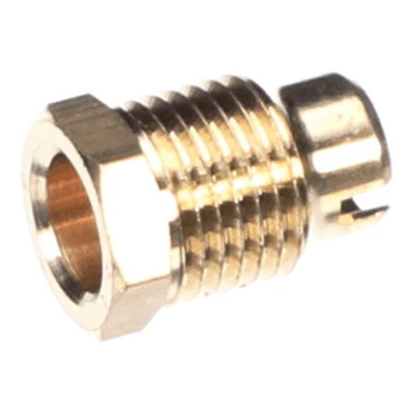 A brass pipe fitting with external threading and a hexagonal head.