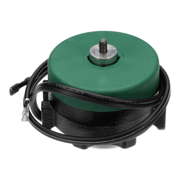 A condenser fan and motor assembly with a green top cover, black base, and attached electrical wiring.