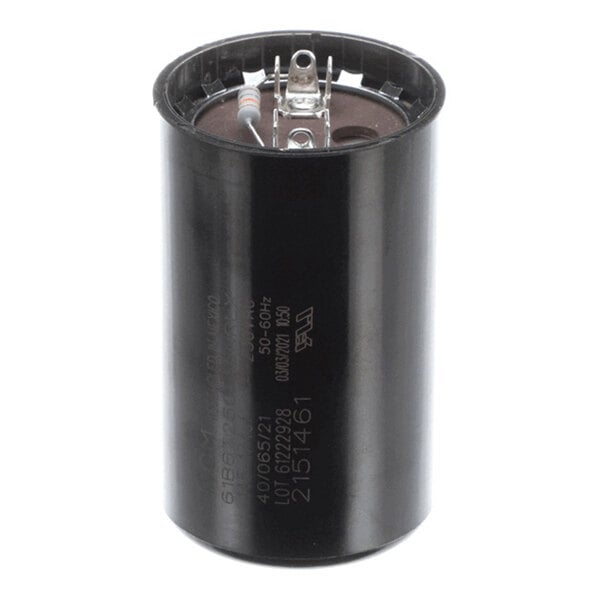 A cylindrical black start capacitor with metal terminals on top, used in electrical applications.