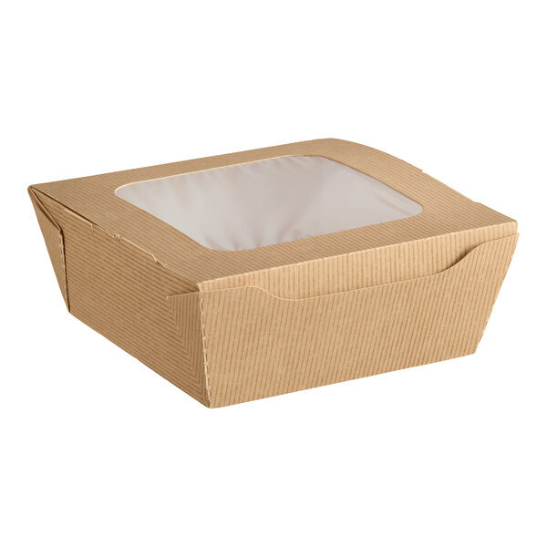 A medium-sized brown paper take-out container with a clear window and vent holes.