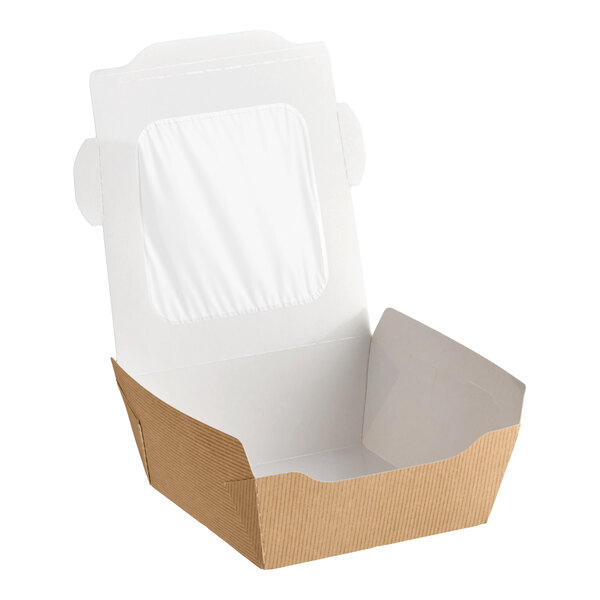 A medium-sized paper take-out container with a window and vent holes, designed for hot food.