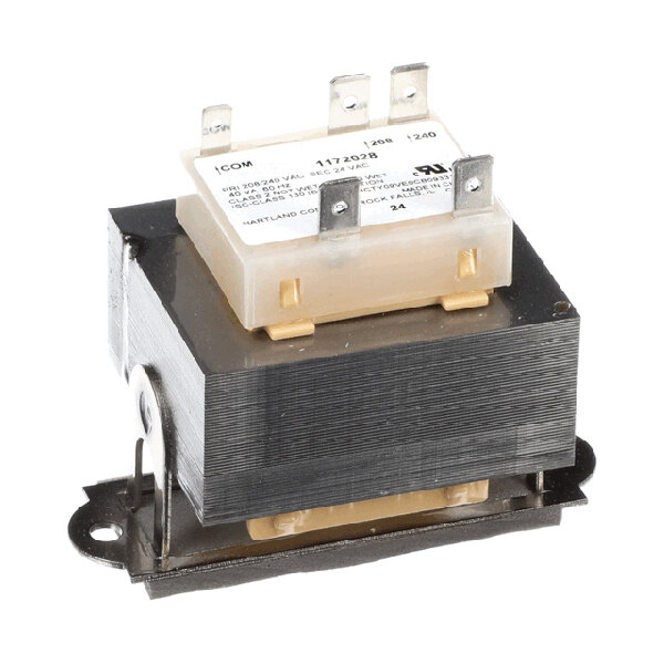 A metal and plastic electrical transformer with multiple terminal connectors.