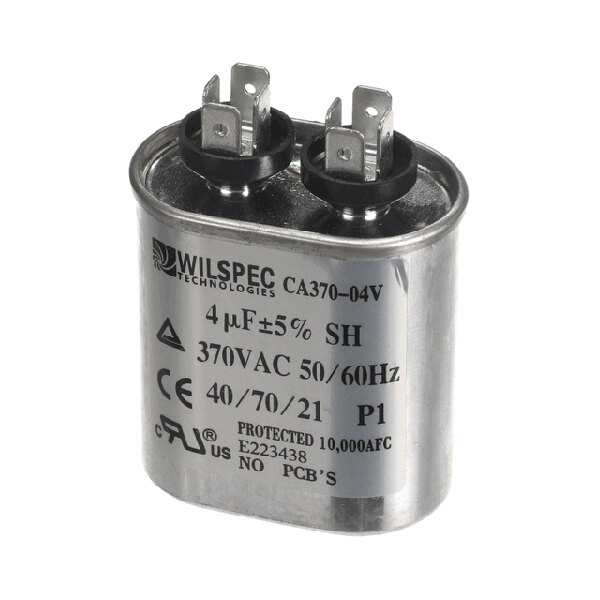 A metal can capacitor labeled with specifications for 4 µF, 370VAC, and dual terminal connectors.