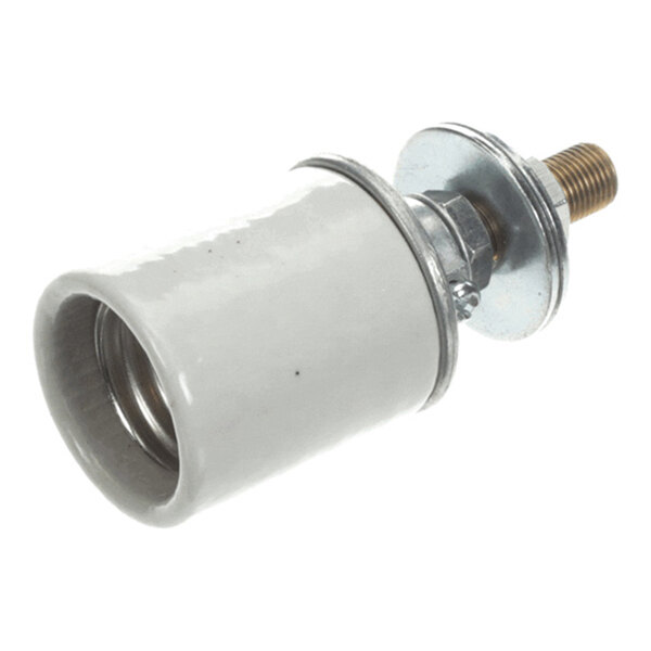 A brass socket for heat lamps with a ceramic body and metal mounting hardware.