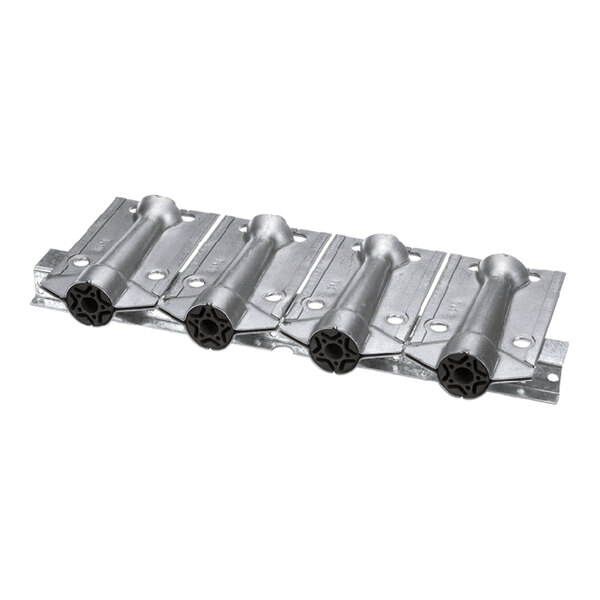 A metal burner assembly with four tubular burners mounted on a rectangular base, designed for use in heating equipment.