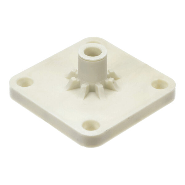 A square white plastic bearing plate with a central cylindrical hub and four corner mounting holes.
