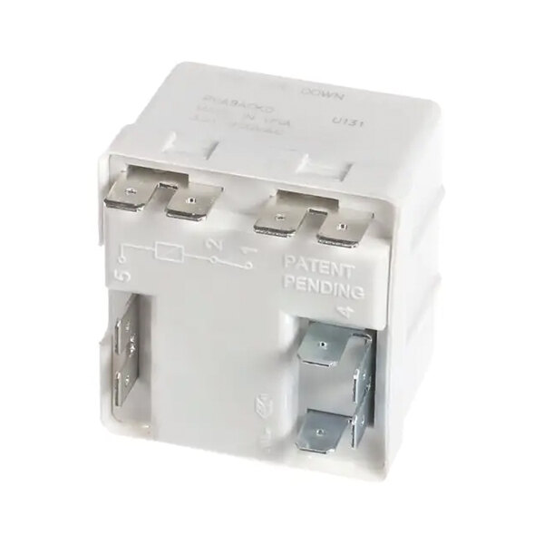 A white relay component with multiple metal prongs, used for controlling a compressor in Electro Freeze equipment.