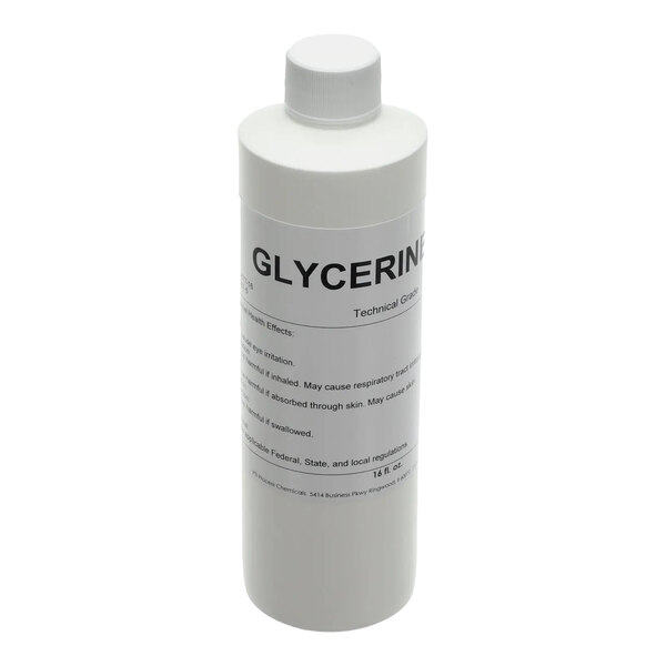 A white plastic bottle labeled 'Glycerine' containing 16 fluid ounces of technical grade glycerine.