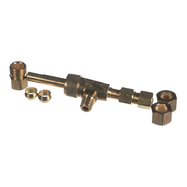 A brass gas valve assembly with multiple fittings and compression rings.