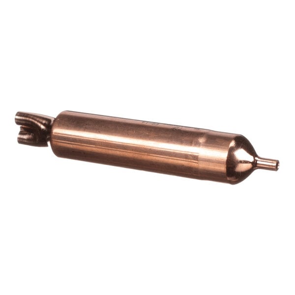 A cylindrical copper refrigeration drier with inlet and outlet connections.