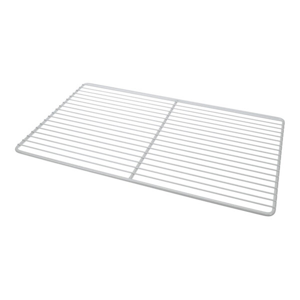 A rectangular metal wire shelf with evenly spaced bars.