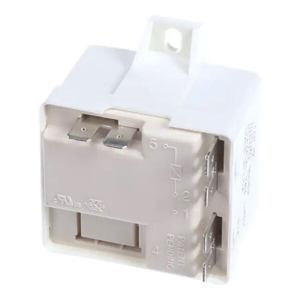 A white electrical relay starter with metal prongs and labeled terminals, used in Hoshizaki equipment.