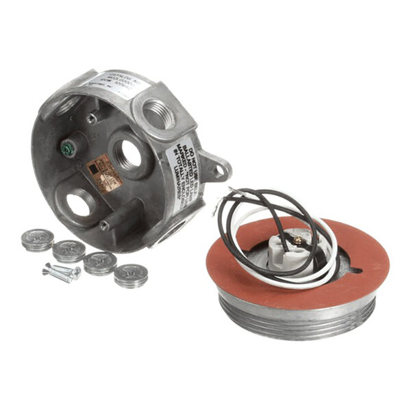 A metal electrical junction box kit with wiring, cover, and mounting hardware.