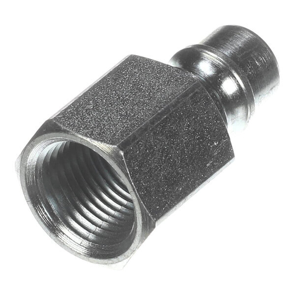 A metal 3/8 inch threaded nipple fitting.