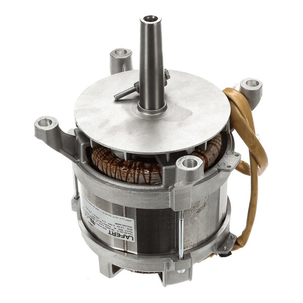 A metal electric fan motor with attached wiring and mounting brackets.