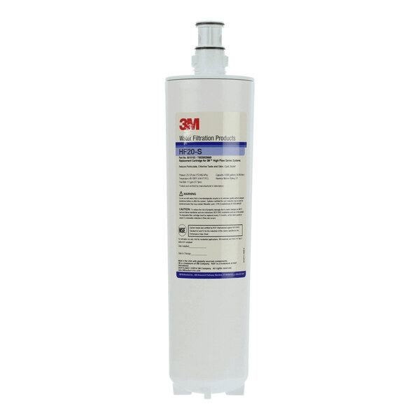 A cylindrical 3M water filtration cartridge labeled HF20-S, designed for use in beverage and ice machine systems.