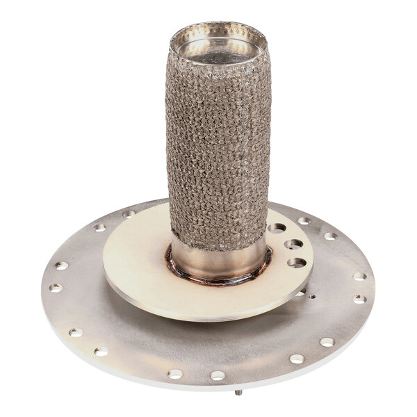 A metal gas burner component with a cylindrical mesh center and a round perforated base.