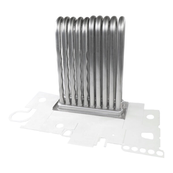 A metal heat exchanger component with multiple vertical tubes and a flat mounting base.