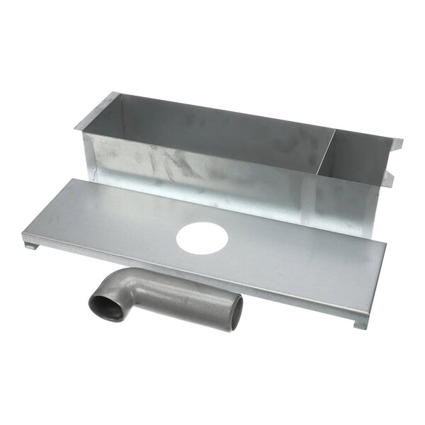 A metal grease cup assembly with a rectangular container, a flat lid with a circular hole, and an angled pipe attachment.