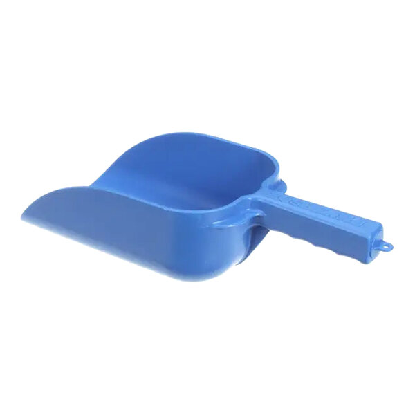 A blue plastic scoop with a handle, designed to hold up to 82 ounces.