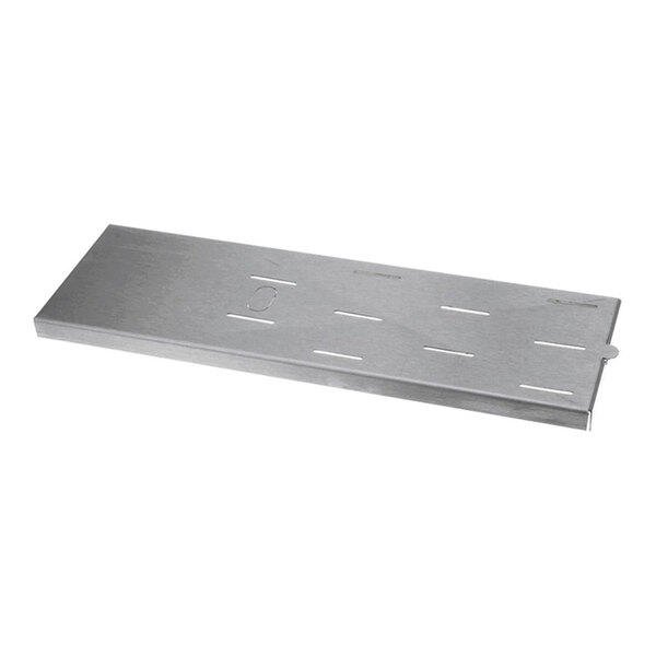 A rectangular stainless steel water container top with several elongated slots.