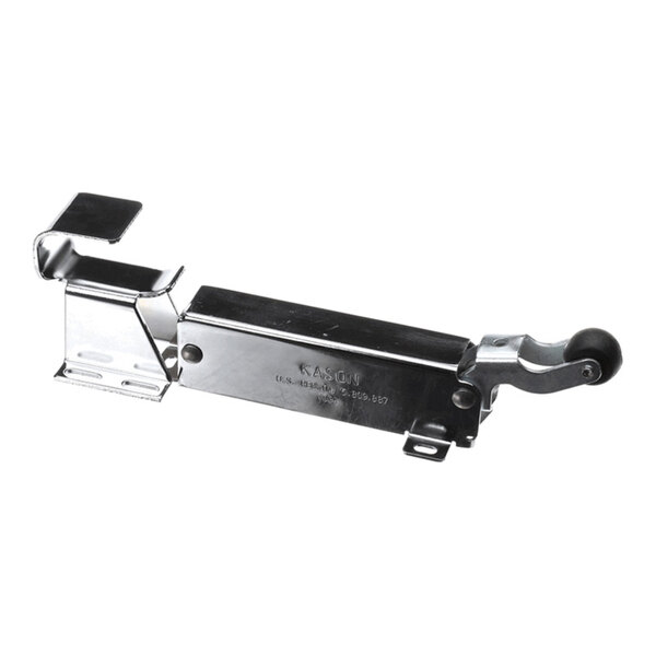 A metal door closer and components assembly with an offset design and a small wheel at one end.