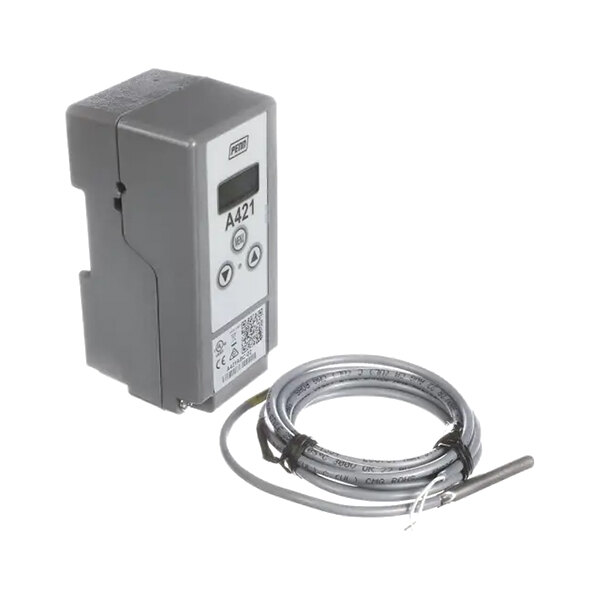 A digital temperature control thermostat with a probe and coiled sensor cable.