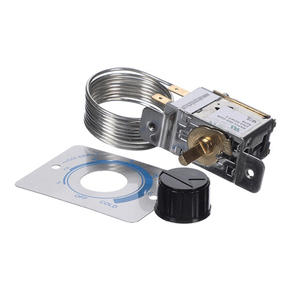 A mechanical thermostat assembly with a coiled sensor tube, control knob, and indicator plate.