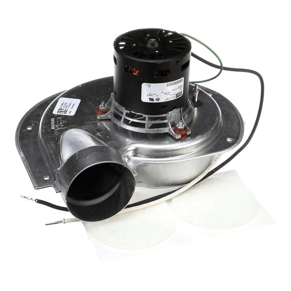 A metal blower vent assembly with an attached electric motor and wiring, designed for HVAC systems.
