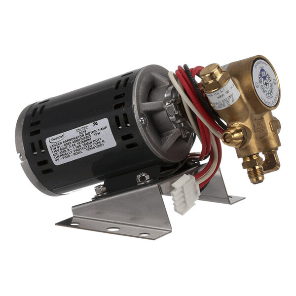 A Lancer 82-3196 motor assembly for a carbonation system, featuring a mounted motor and brass fittings.