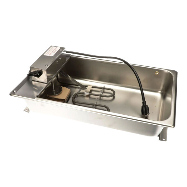 A stainless steel electric condensate pan with a heating element and power cord.