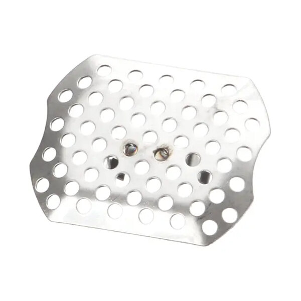 A rectangular metal drain screen with multiple round holes.