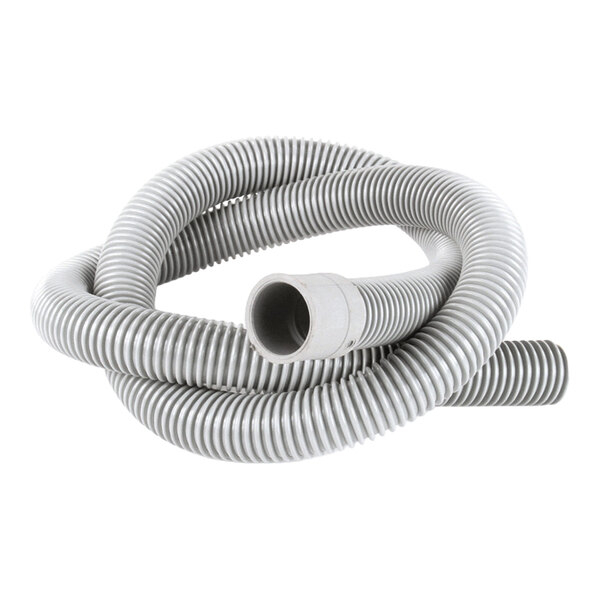 A flexible, ribbed gray drain hose with a connector on one end.