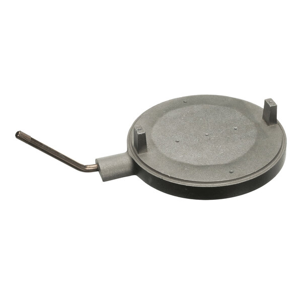 A round, coated waffle grid with a handle attachment, designed for use with waffle makers.