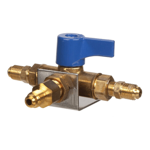 A brass CO2 changeover valve with a blue handle and multiple threaded connectors.
