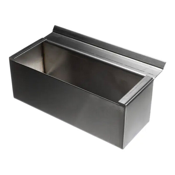 A rectangular metal grease cup with an open top and a mounting flange.