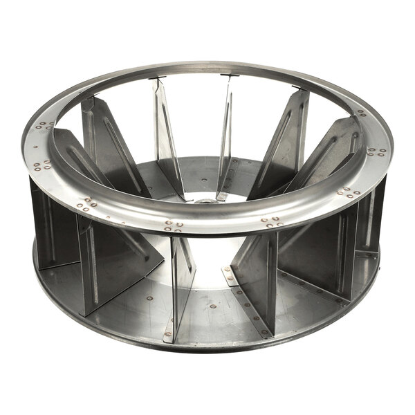A metal industrial fan component with multiple angled blades arranged in a circular frame.