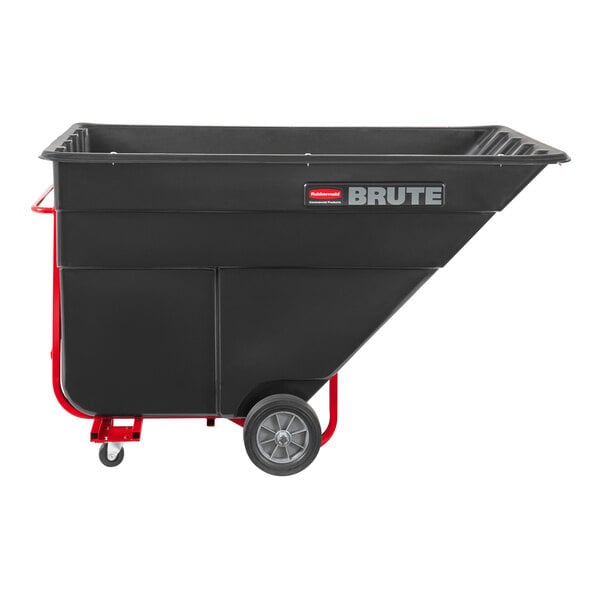 A black Rubbermaid BRUTE tilt truck with black wheels.