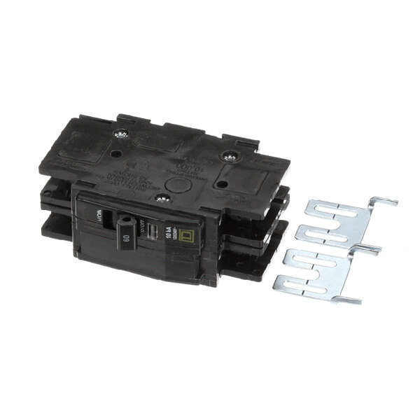 A 60-amp, 2-pole circuit breaker with included metal mounting brackets.
