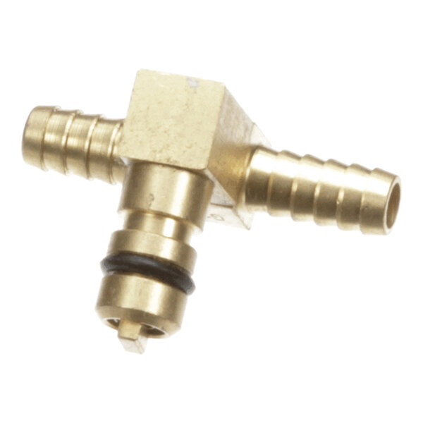A brass 1/4 inch barb offset T fitting with an O-ring, used for connecting hoses in beverage or fluid systems.