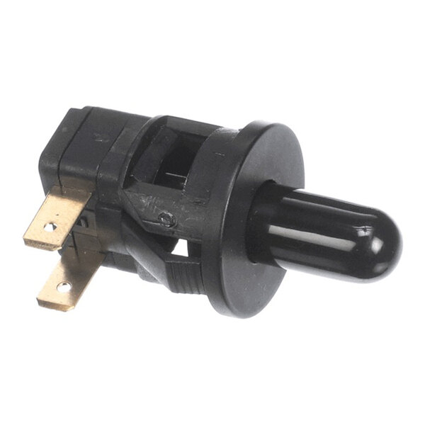 A black JoeTap JT-12781 plunger switch for doors with two metal terminals.