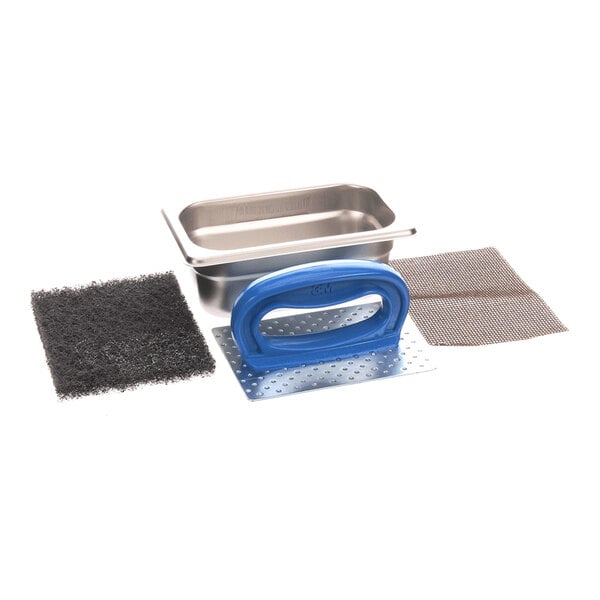 A universal surface cleaning kit with a metal tray, a blue-handled scrubber, a scrubbing pad, and a mesh pad.