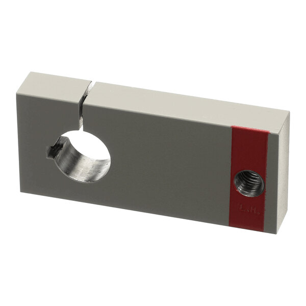 A rectangular metal crank component with a circular hole and a threaded opening, used for an orifice tube drive.