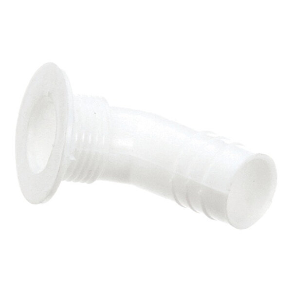 A white plastic drain elbow fitting with a threaded end and a barbed hose connection.