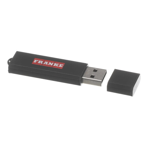 A black USB flash drive with a removable cap and the brand name 'Franke' printed on it.