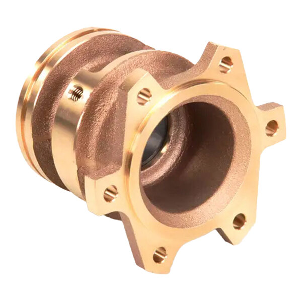 A metallic housing component with a flanged end and multiple bolt holes, used in machinery or equipment.