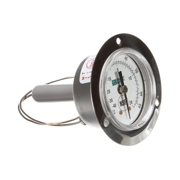 A flush dial thermometer with a round face and metal probe, designed for temperature measurement.
