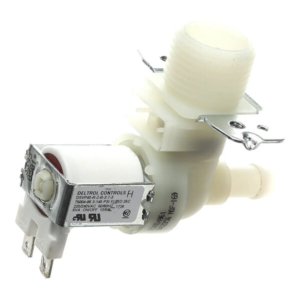 A solenoid valve for controlling the flow of liquids, commonly used in commercial kitchen equipment.