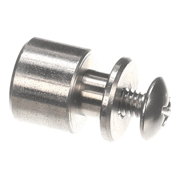 A large metal pan cover holding pin with an attached screw.