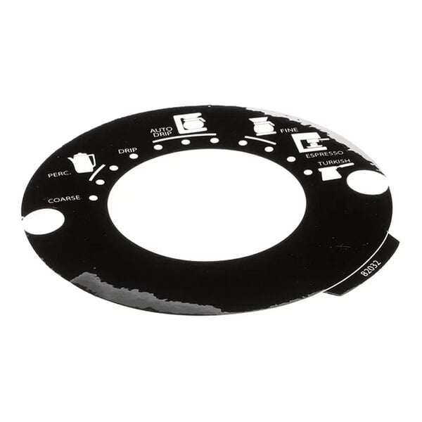 A black circular decal for a coffee grinder with grind selection labels and icons.